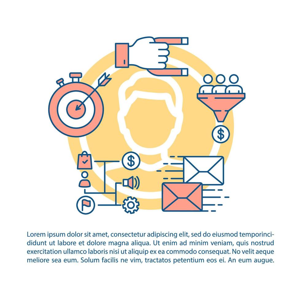 plantilla de vector de página de artículo de generación de clientes potenciales. beneficio de marketing digital. folleto, elemento de diseño de folleto con iconos lineales y cuadros de texto. diseño de impresión. ilustraciones de concepto con espacio de texto