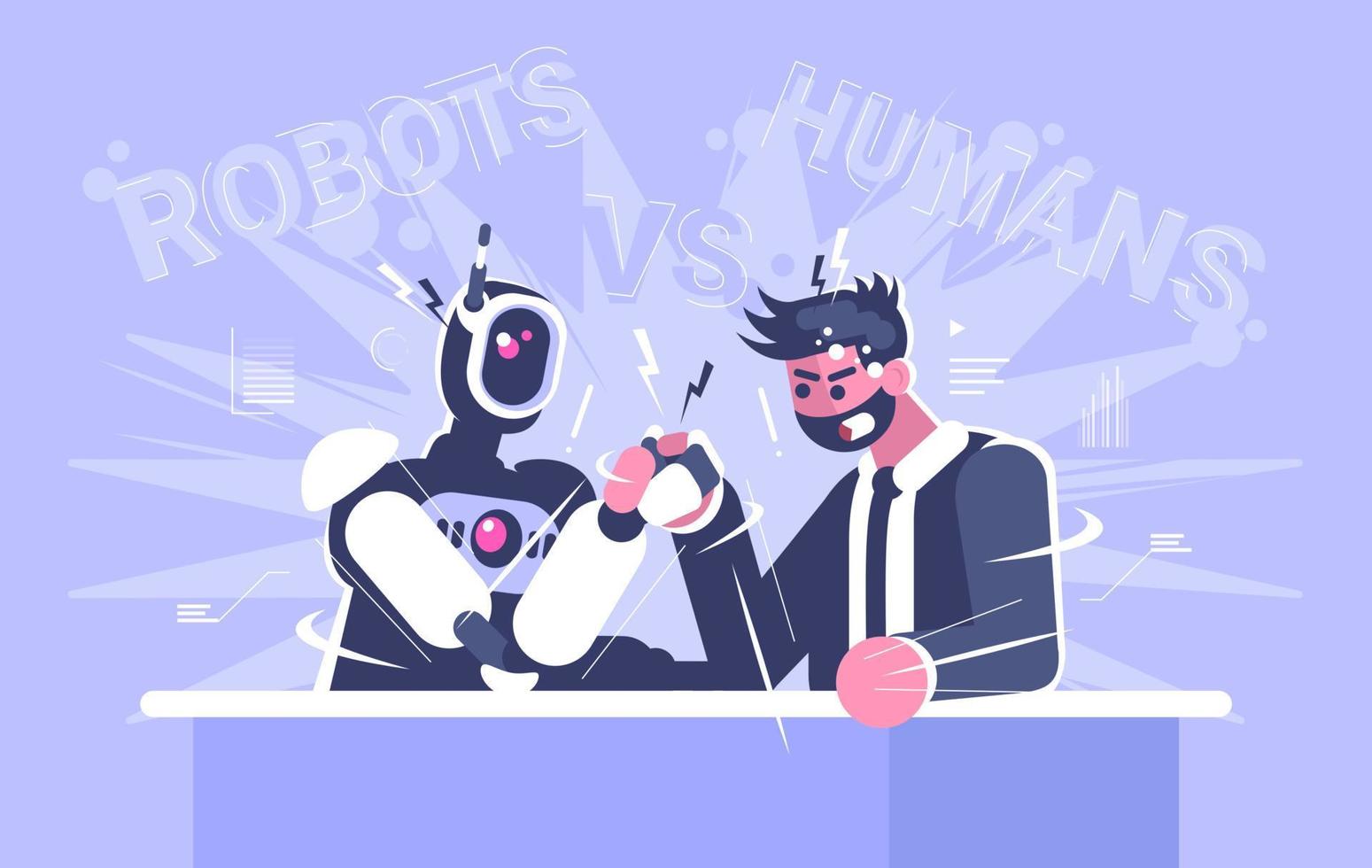 Human arm wrestling vs robot flat vector illustration. Robotics revolution concept. Cyborgs, humanoids replace people. Human office worker fighting versus manager with artificial intelligence