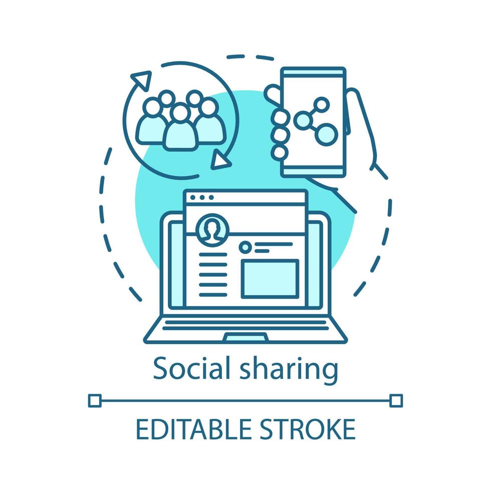 Social sharing concept icon. Referral marketing search idea thin line illustration. Customer feedback online. Smm, social networking, contact sharing. Vector isolated outline drawing. Editable stroke