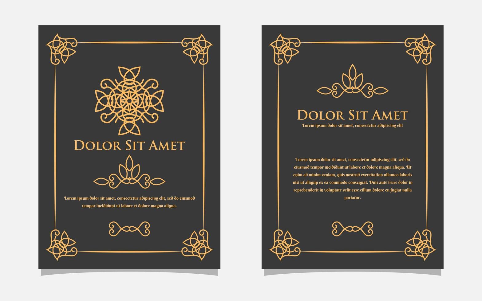 Diseño de tarjeta de felicitación de oro vintage con fondo negro. plantilla de adorno de oro de lujo. para invitación, menú, papel tapiz, folleto, decoración. vector