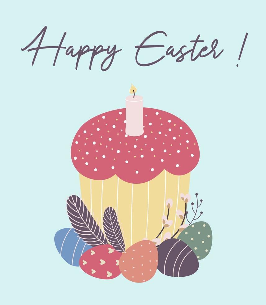 Happy Easter greeting card. Easter cake, painted eggs, willow twigs vector