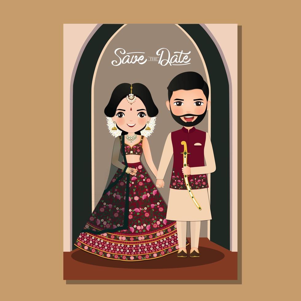 tarjeta de invitación de boda la novia y el novio linda pareja en traje tradicional indio personaje de dibujos animados vector