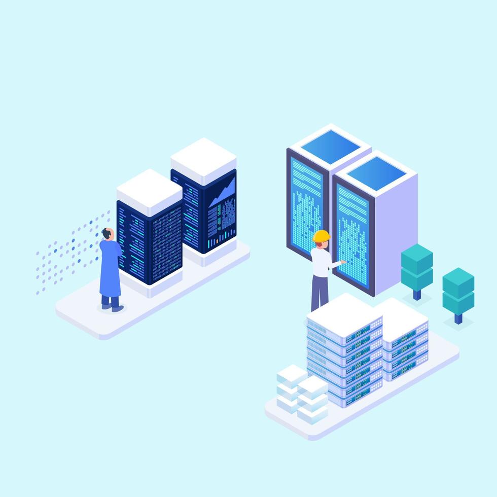 Isometric 3D Man Working in Data Center, Database Server Hosting Technical Room, Flat Vector Illustration