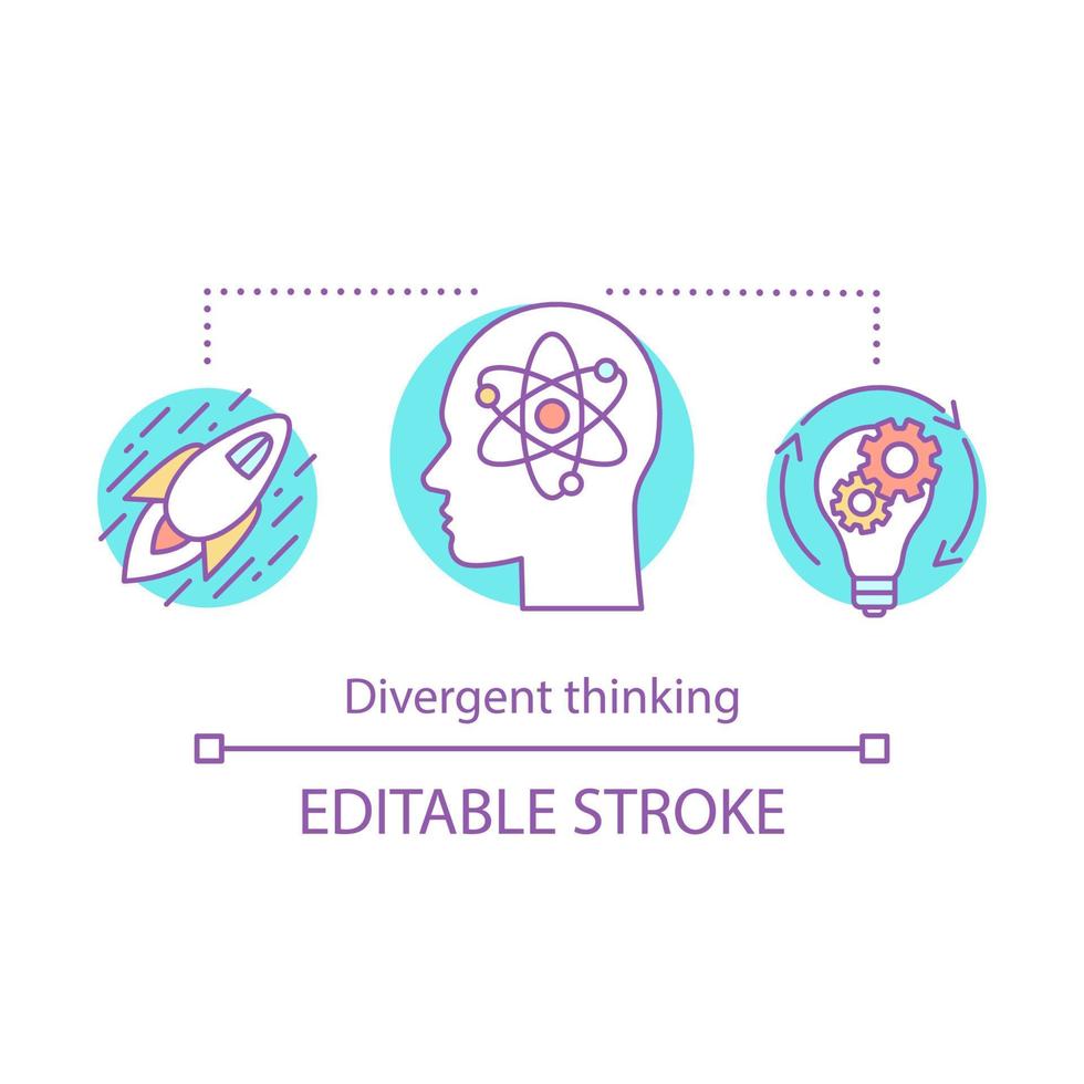 Divergent thinking concept icon. Creative idea generation thin line illustration. Brainstorming. Solution searching. Fast problem solving. Vector isolated outline drawing. Editable stroke
