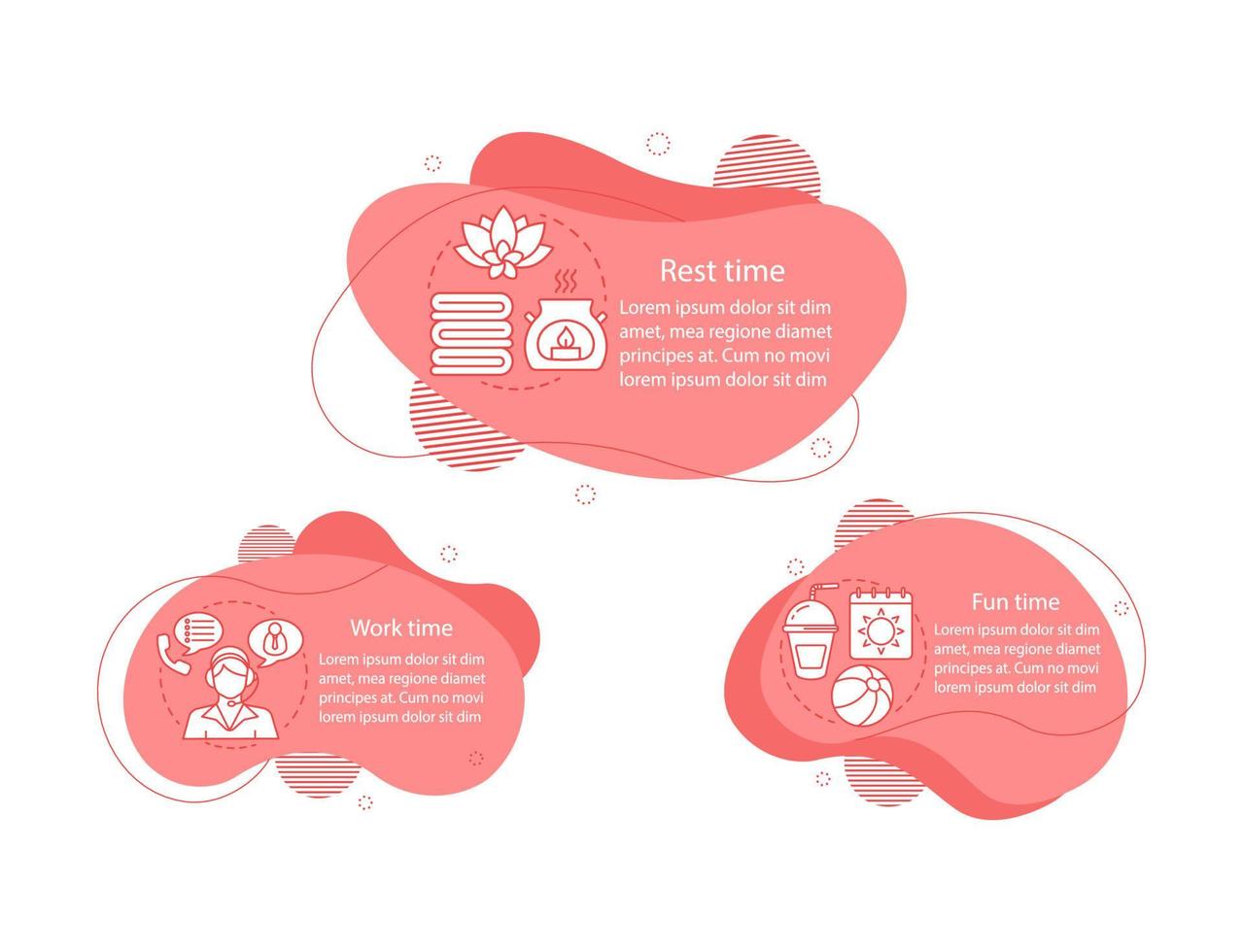 Work, fun and rest time concept illustrations. Daily routine infographic template. Fluid elements with text and linear icons. Three wavy bubbles steps. Presentation, banner report vector cliparts