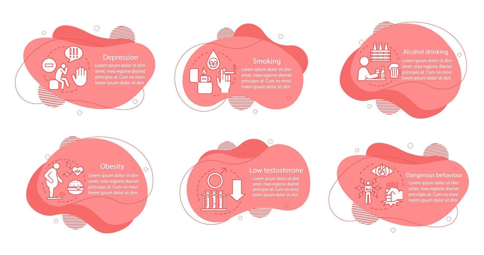 Men's health risks factors concept illustrations. Bad habits infographic template. Fluid elements with text and linear icons. Six wavy bubbles steps. Presentation, banner report vector cliparts