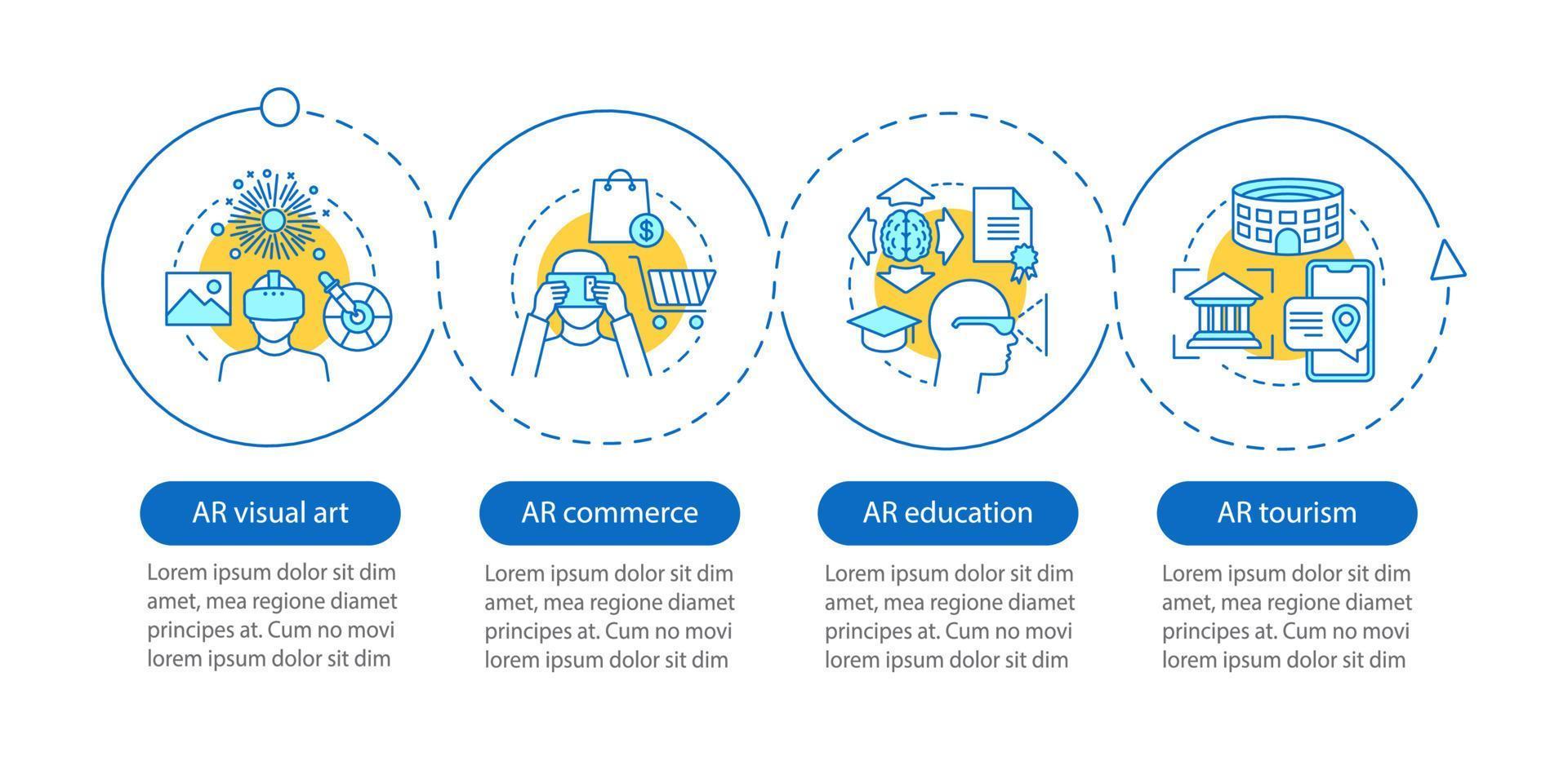 Augmented reality applying vector infographic template. AR commerce, education, tourism, visual art. Data visualization with four steps and option. Process timeline chart. Workflow layout with icons