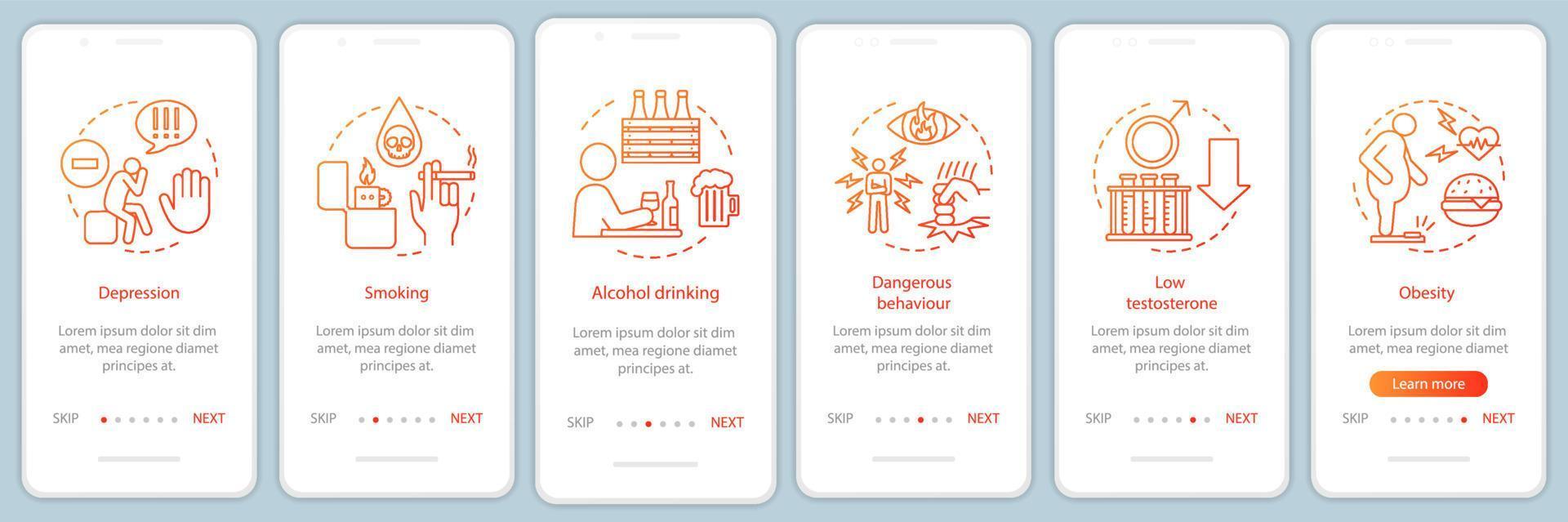 Men's health risks factors onboarding mobile app page screen with linear concepts. Smoking, obesity, alcohol walkthrough steps graphic instructions. UX, UI, GUI vector template with illustrations