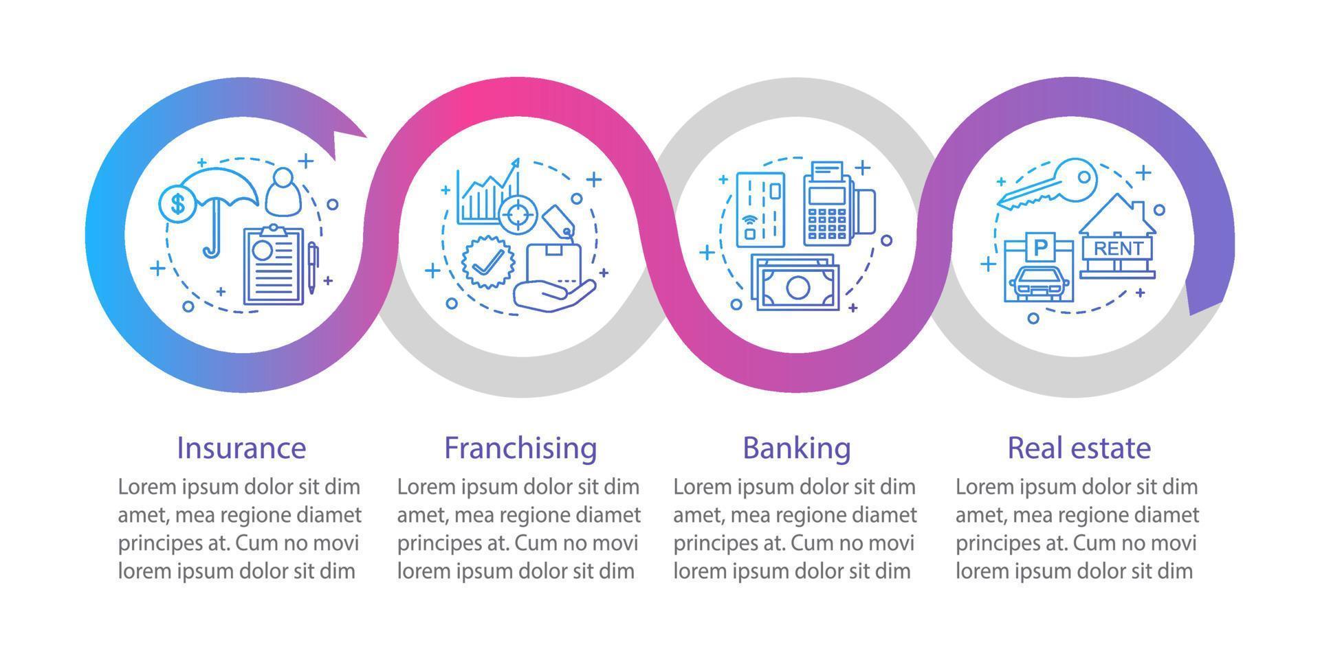 plantilla de infografía de vector de seguros. inversión. finanzas. banca, franquicia, inmobiliaria. visualización de datos con cuatro pasos y opciones. gráfico de la línea de tiempo del proceso. diseño de flujo de trabajo con iconos