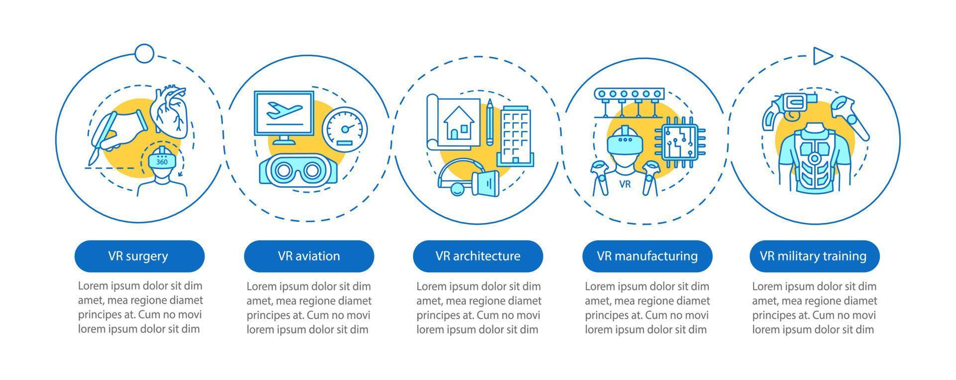 Realidad virtual aplicando plantilla de infografía vectorial. cirugía vr, aviación, arquitectura, manufactura. visualización de datos con cinco pasos, opción. gráfico de la línea de tiempo del proceso. diseño de flujo de trabajo con iconos vector