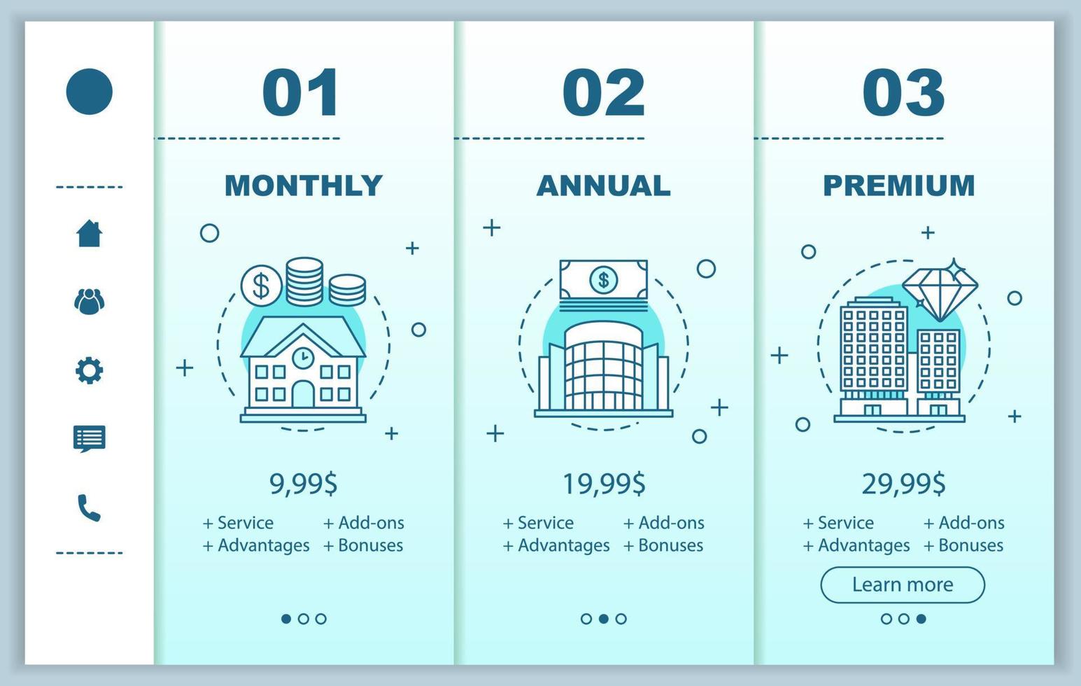Office rent tariff plans onboarding mobile app screens templates. Walkthrough website interface. Rental properties. Monthly, annual, premium service prices. Smartphone subscription payment web page vector