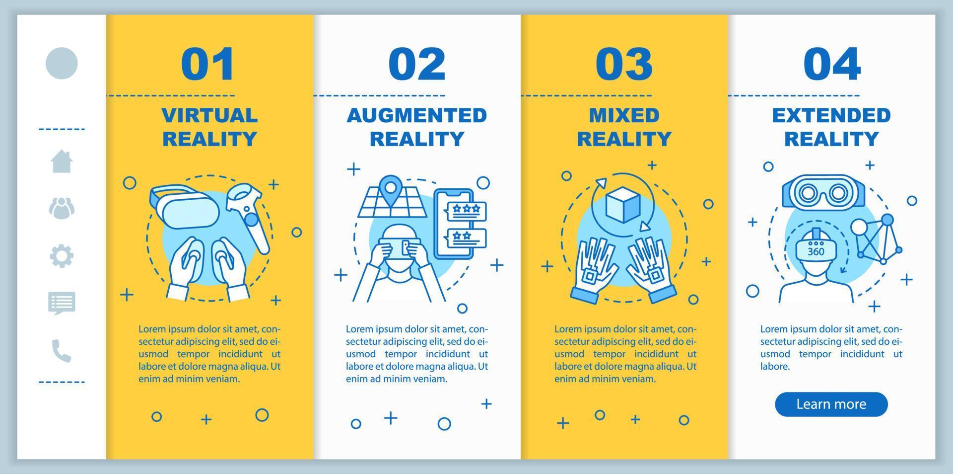 Extended reality onboarding mobile web pages vector template. Virtual, mixed, augmented realities. Responsive smartphone website interface idea. Webpage walkthrough step screens. Color concept