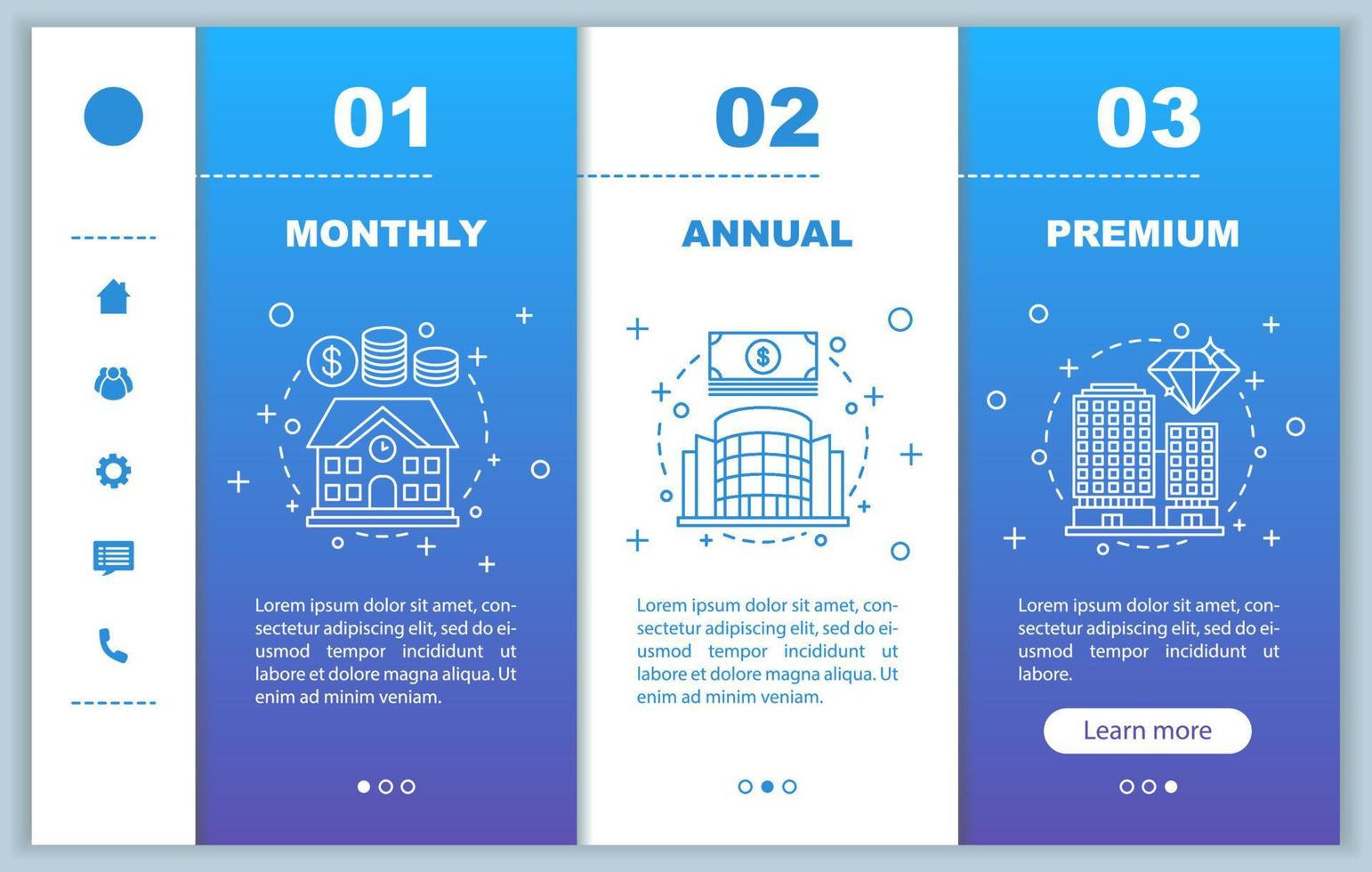 Tariff plans onboarding mobile app screens vector templates. Walkthrough website pages interface. Apartment, flat rent. Monthly, annual, premium service prices. Smartphone payment web page layout