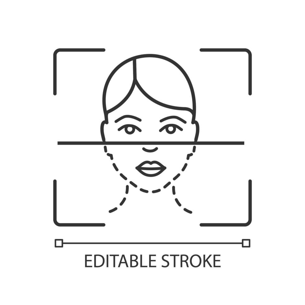 Face scanning process linear icon. Facial recognition thin line illustration. Biometric identification procedure. Face ID. Contour symbol. Vector isolated outline drawing. Editable stroke