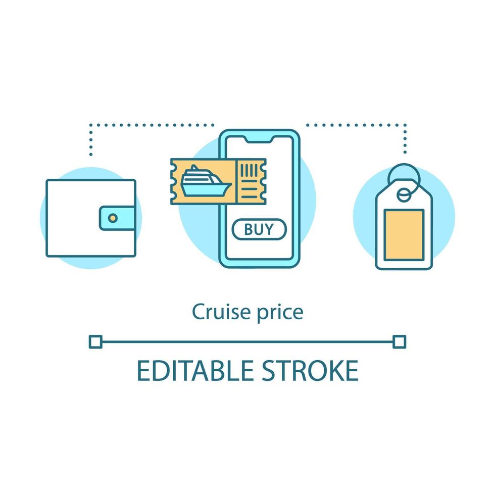 Cruise price concept icon. Online payment idea thin line illustration. Online cruise deal, discounts. Shore excursions, tours booking with smartphone. Vector isolated outline drawing. Editable stroke