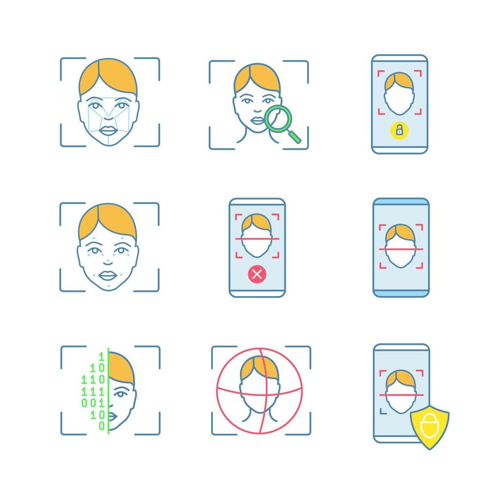 Facial recognition color icons set. Biometric identification. Faceprint analysis, face lock scanning, banking, rejection, protection smartphone apps, 3d ID scanner. Isolated vector illustrations