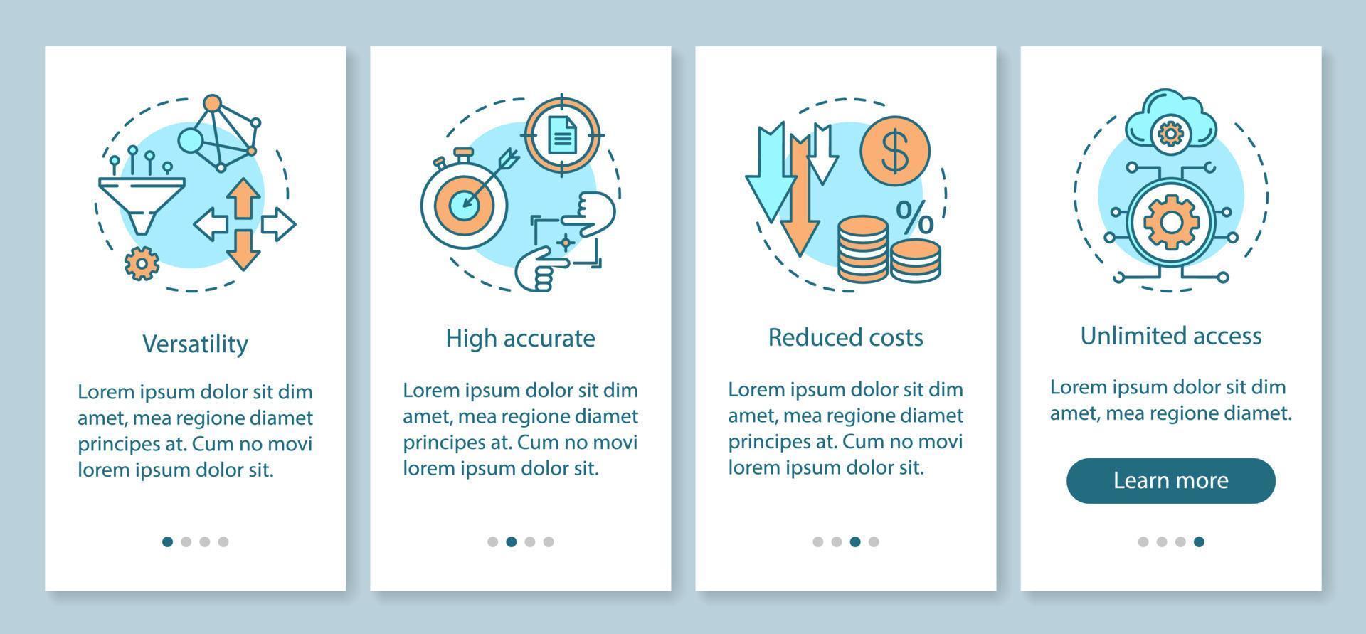 beneficio y ventaja al incorporar la pantalla de la página de la aplicación móvil con conceptos lineales. Versatilidad, precisión, instrucciones gráficas de pasos de recorrido de acceso abierto. ux, ui, plantilla de vector de interfaz gráfica de usuario con iconos