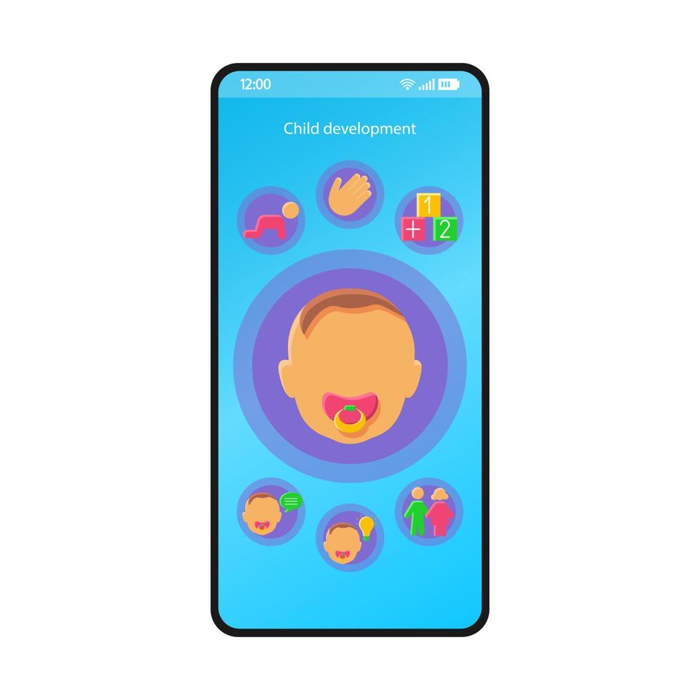 Child development smartphone interface vector template. Mobile baby tracker app page blue design layout. Baby milestones, activities tracker screen. Flat UI parenting application. Phone display