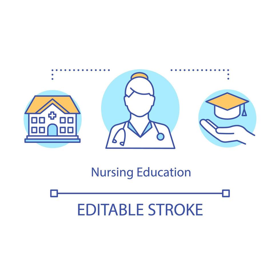 Nursing education concept icon. Become nurse idea thin line illustration. Medical college, programs, practice in clinic. Disease treatment. Healthcare. Vector isolated outline drawing. Editable stroke