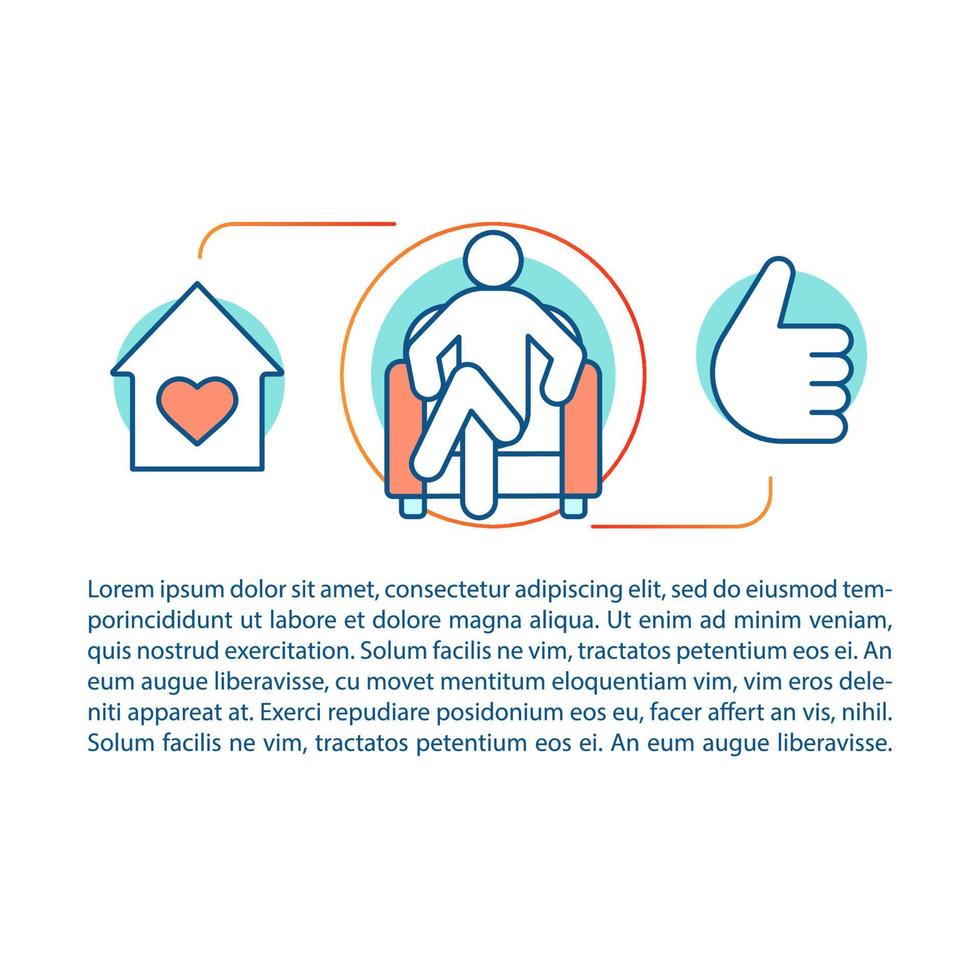 Comfort home concept linear illustration. Cosiness. House, heart, man in chair, thumbs up. Article, brochure, magazine page. Thin line icons with text. Print design. Vector isolated outline drawing