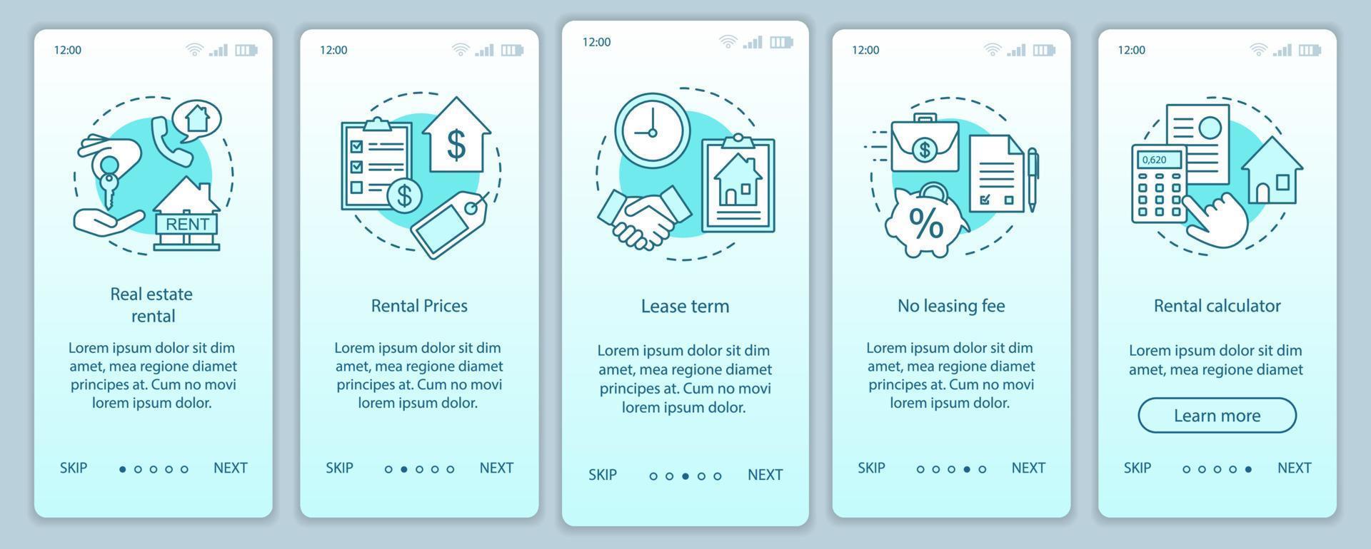 Real estate rental onboarding mobile app page screen with linear concepts. Property leasing prices, term walkthrough steps graphic instructions. UX, UI, GUI vector template with illustrations