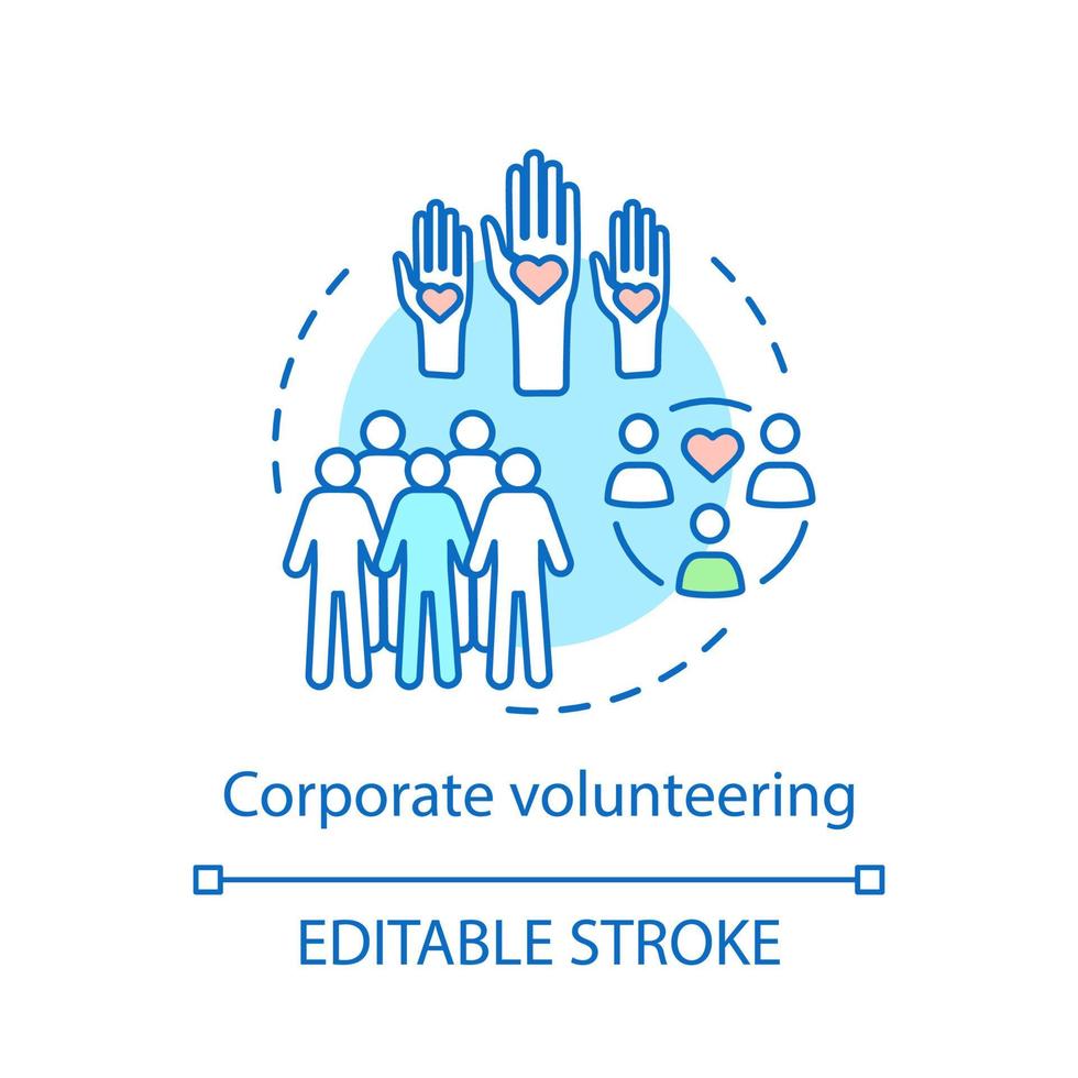 Corporate volunteering concept icon. Employer supported charity. Charitable foundation. Employee volunteering program idea thin line illustration. Vector isolated outline drawing. Editable stroke