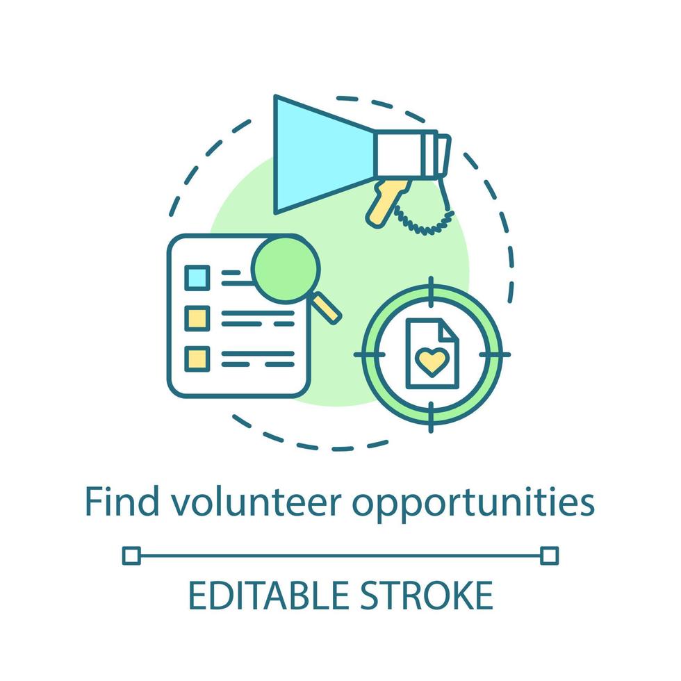 Find volunteer opportunities concept icon. List, loudspeaker, target. Volunteer recruitment. Search charity organization idea thin line illustration. Vector isolated outline drawing. Editable stroke