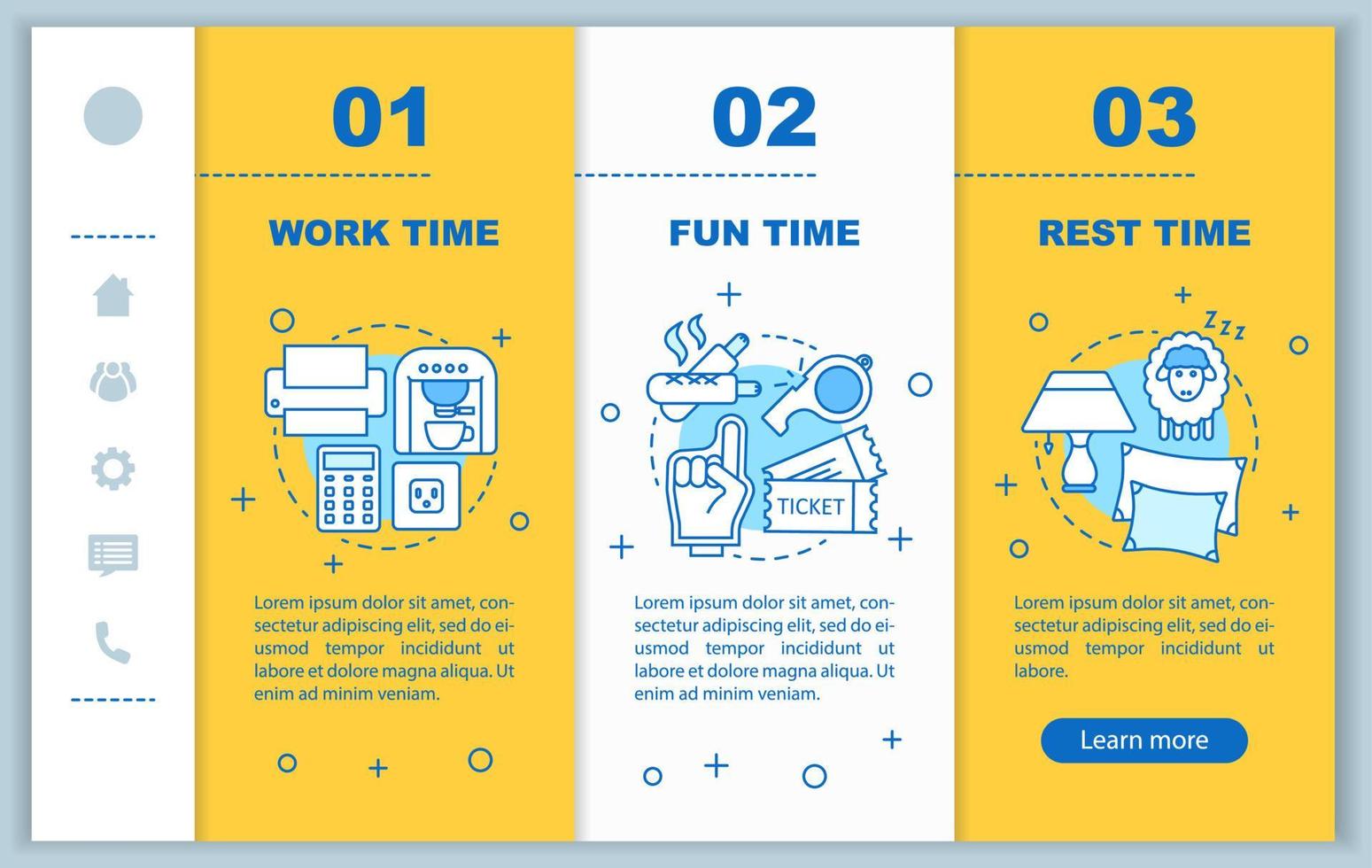 Time management onboarding mobile web pages vector template. Responsive smartphone website interface idea with linear illustrations. Rest time webpage walkthrough step screens. Color concept