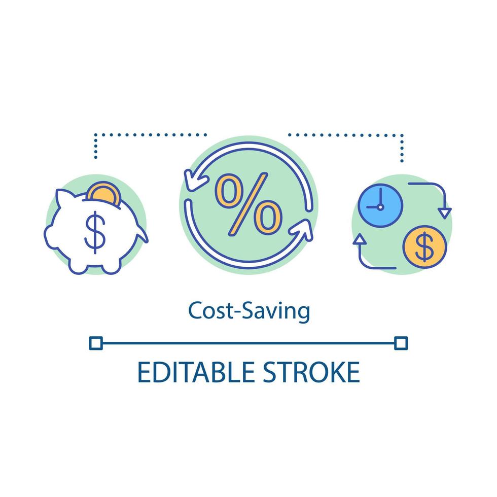 Cost-saving concept icon. Piggy-bank, deposit. Save time and money. Investment banking. Percentage, interest rate. Banking idea thin line illustration. Vector isolated outline drawing. Editable stroke