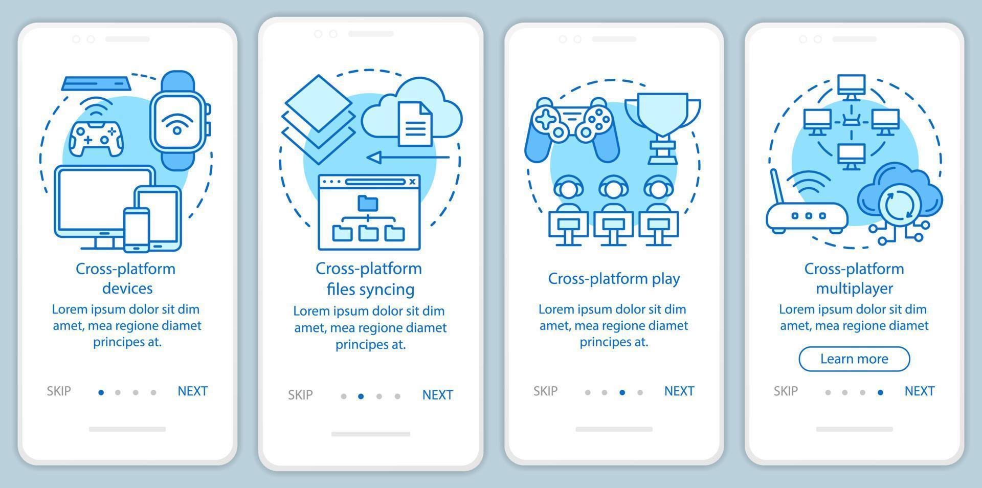 Plantilla de vector de pantalla de página de aplicación móvil incorporada de sincronización multiplataforma. sincronización de dispositivos en línea. paso a paso del sitio web con ilustraciones lineales. concepto de interfaz de teléfono inteligente ux, ui, gui