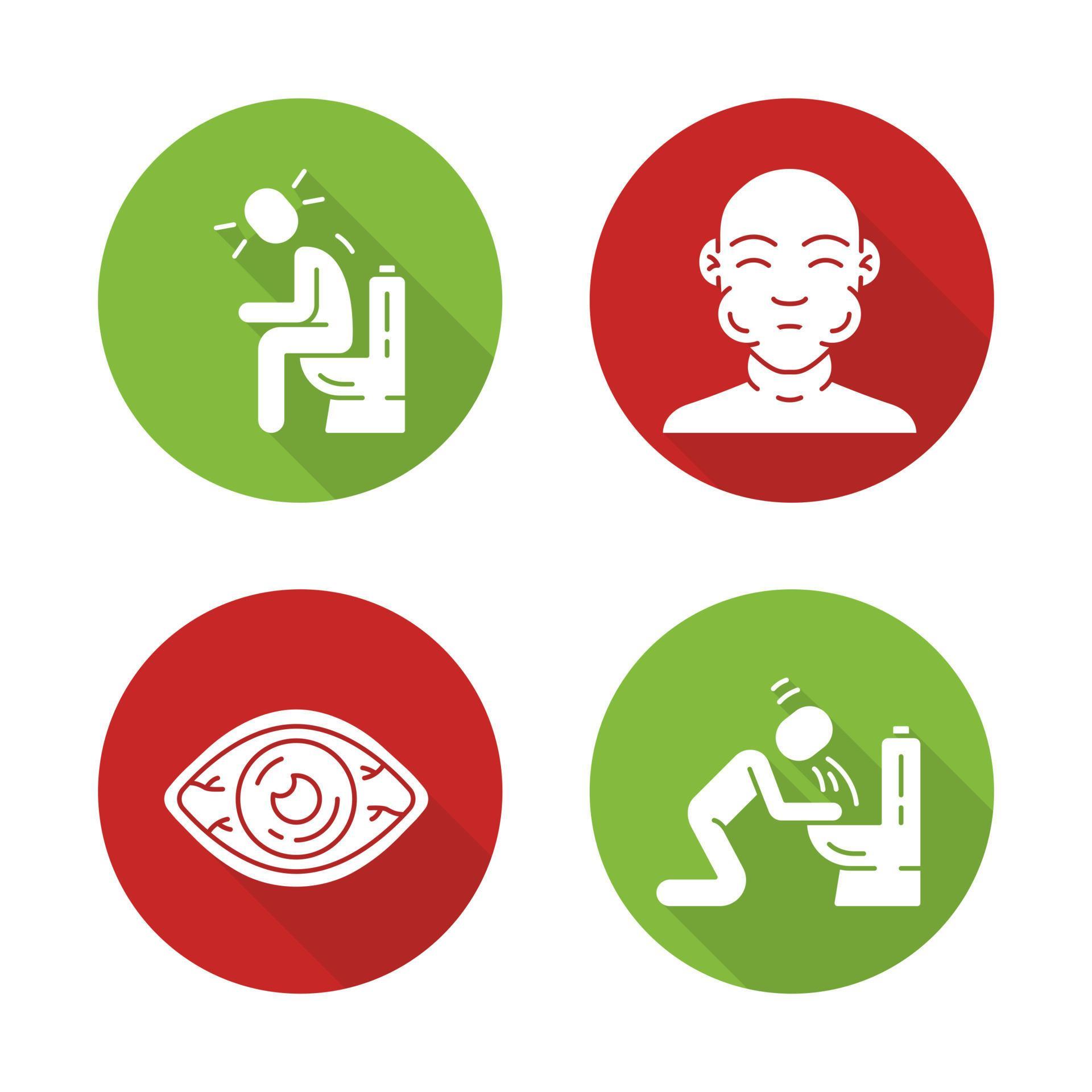 Food allergy symptoms flat design long shadow glyph icons set. Allergic