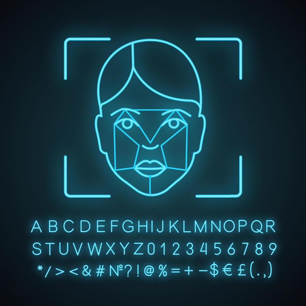 icono de luz de neón de análisis de huella facial. software de reconocimiento facial. escaneo de identificación facial. identificación biométrica. signo brillante con alfabeto, números y símbolos. vector ilustración aislada