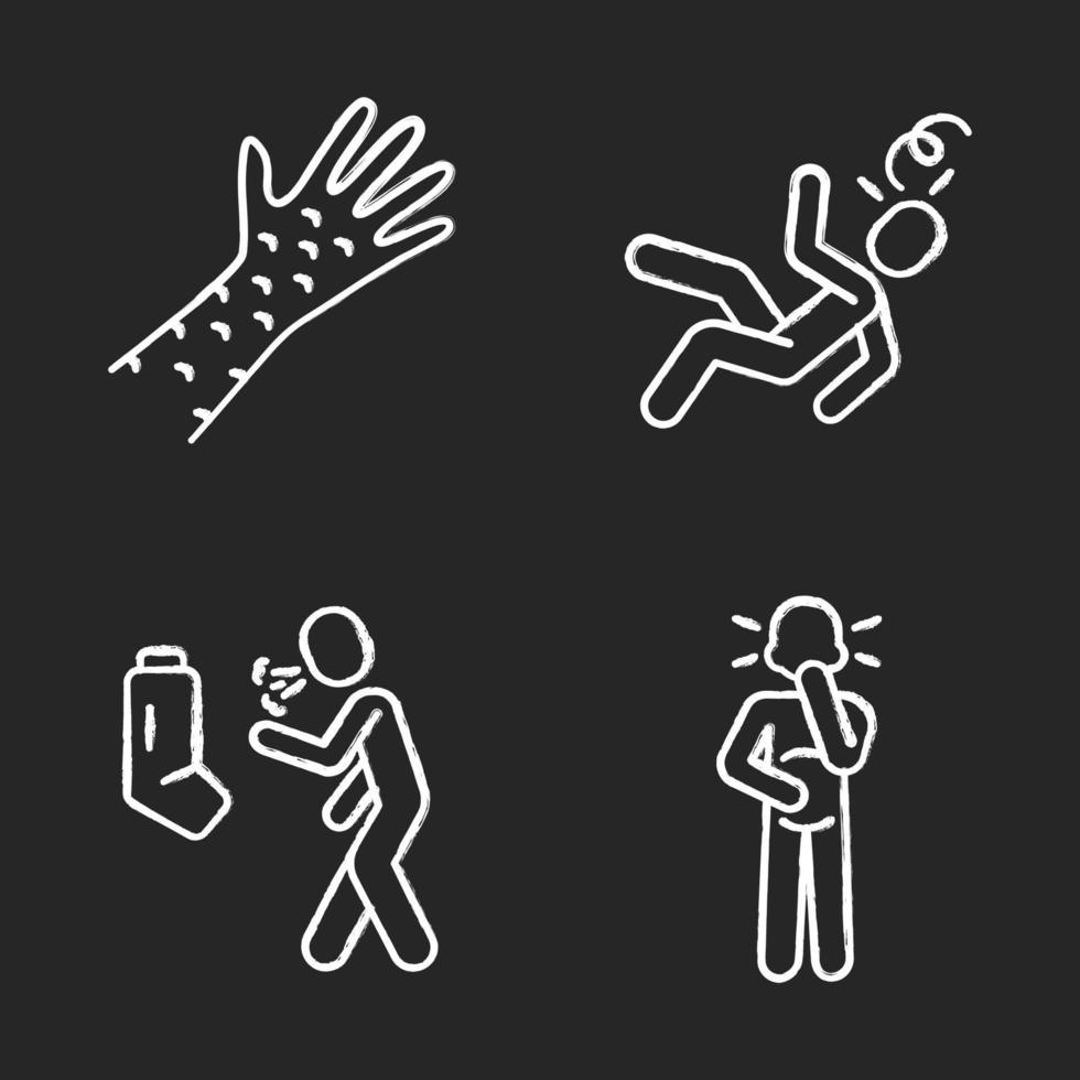 Infection, allergy symptoms chalk icons set. Skin rash allergic reaction. Asthma, bronchitis. Dizziness, fainting. Rubeola, measles contagious disease. Isolated vector chalkboard illustrations