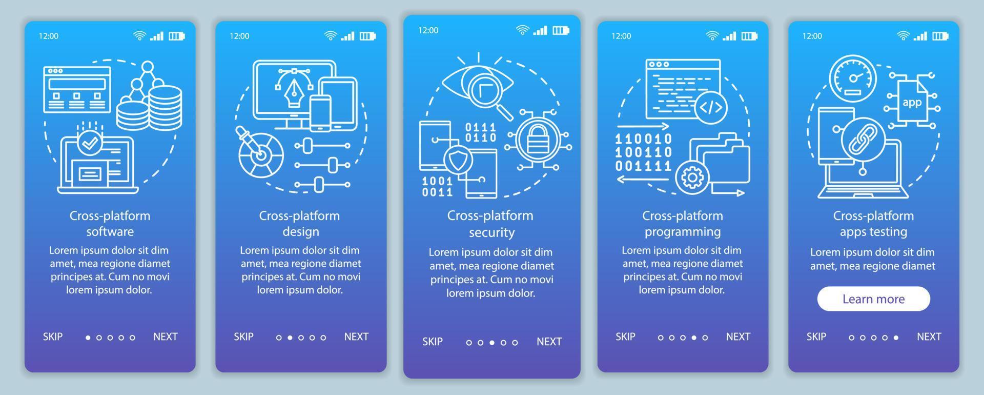 Cross platform programming onboarding mobile app page screen vector template. Software development walkthrough website steps with linear illustrations. UX, UI, GUI smartphone interface concept