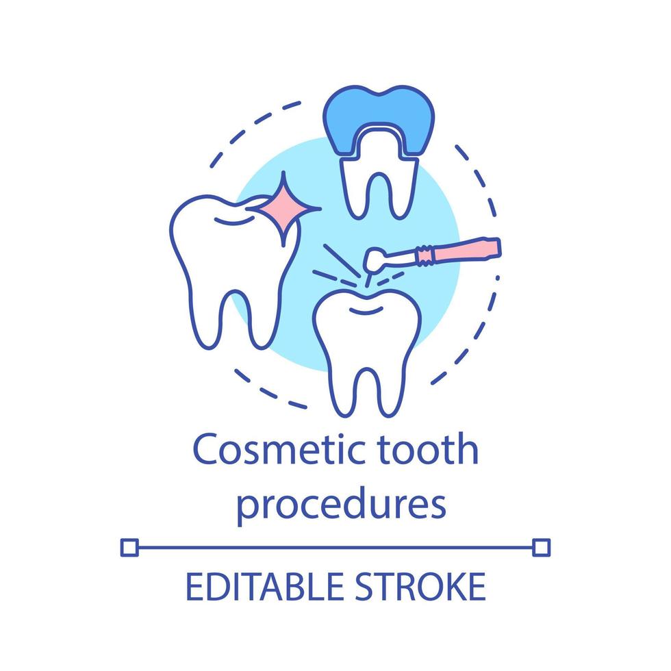 Cosmetic tooth procedures concept icon. Dental therapy, whitening and restoration. Tooth treatment, setting crown idea thin line illustration. Vector isolated outline drawing. Editable stroke