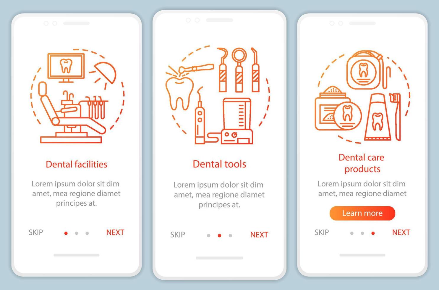 Dental stuff onboarding mobile app page screen with linear concepts. Dental tools, appliances, care products walkthrough steps graphic instructions. UX, UI, GUI vector template with illustrations