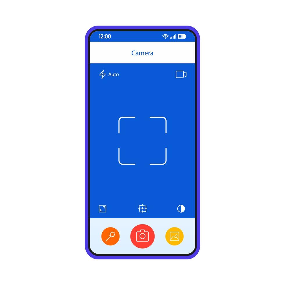 Smartphone camera interface vector template. Mobile camera screen. Photo device. Mobile app page blue design layout. Flat UI for photography application. Photo phone display