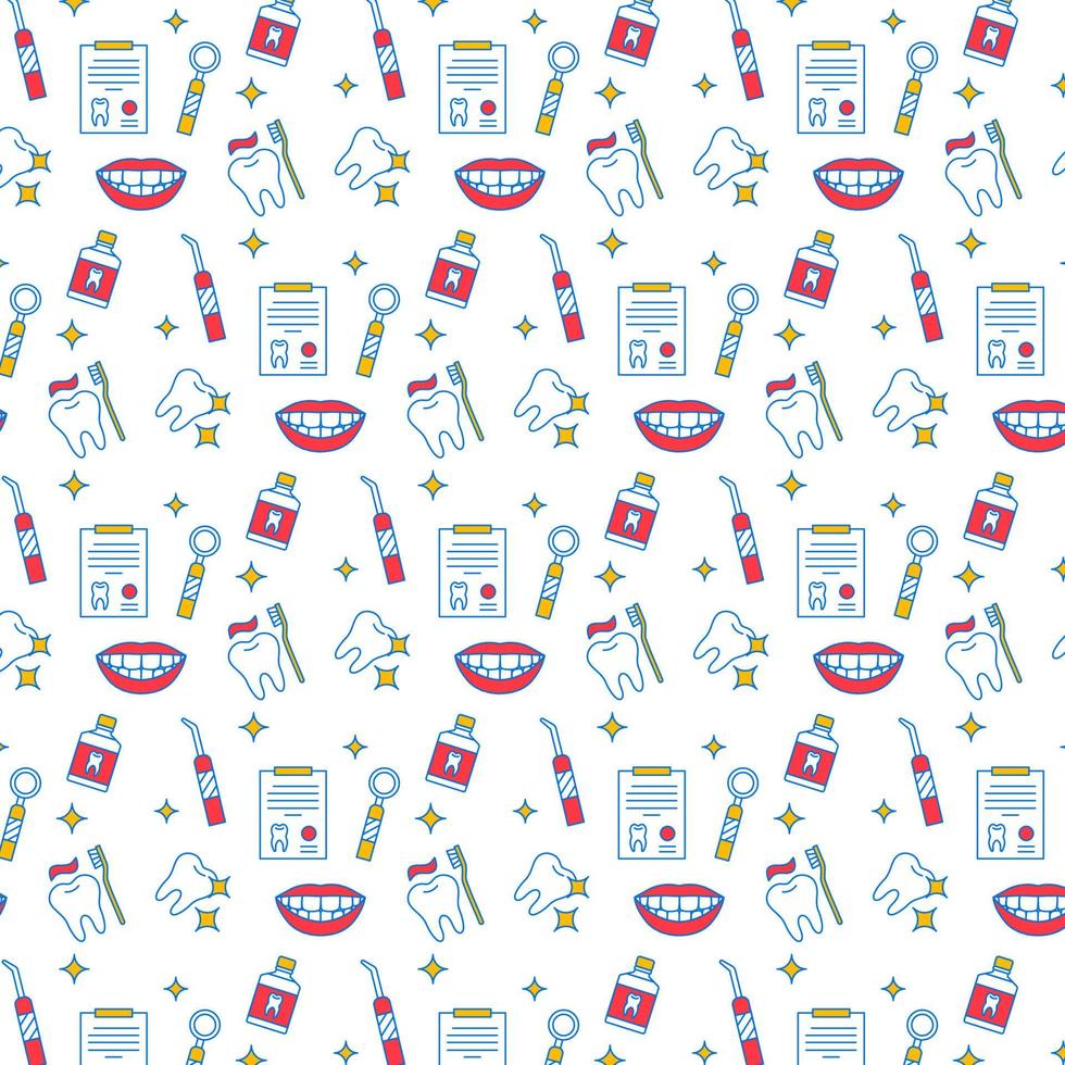 Dental care seamless color pattern. Teeth hygiene, treatment. Practice for healthy teeth. Oral health background. Dentistry wrapping paper, wallpaper vector fill. Stomatology simple icons, flat style