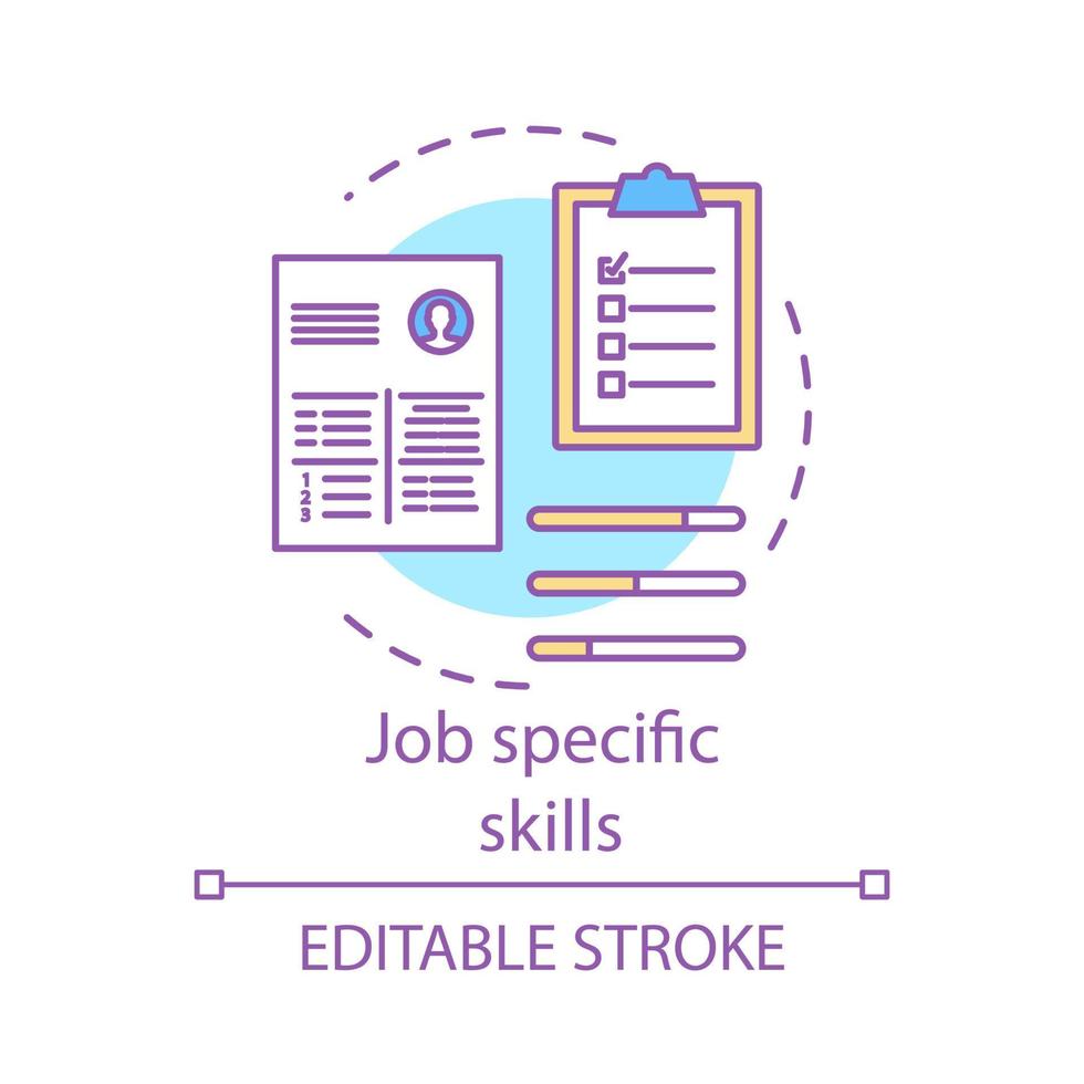 Job specific skills concept icon. Company recruitment, hiring. Job interview, candidates cv idea illustration. Hard skills list employees resume vector isolated outline drawing. Editable stroke