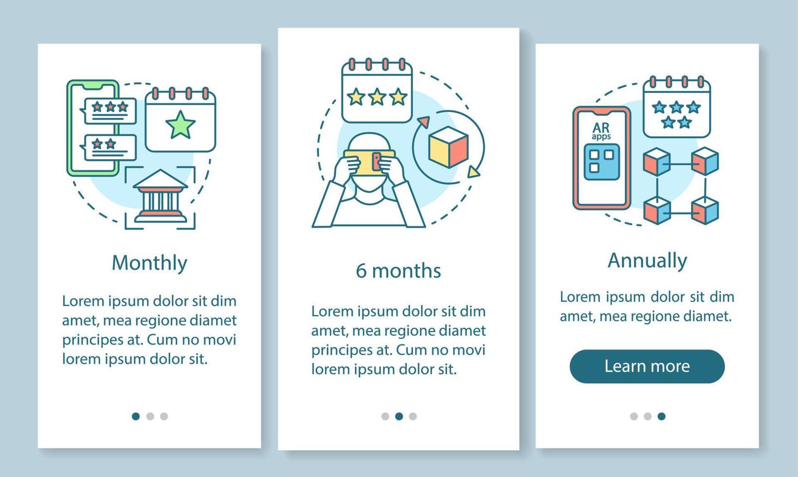AR tool subscription onboarding mobile app page screen with linear concepts. Monthly or annually tariffs. Three walkthrough steps graphic instructions. UX, UI, GUI vector template with illustrations