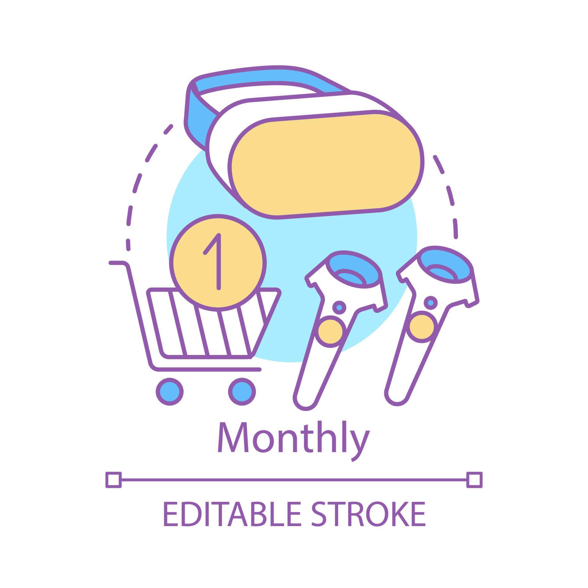 Monthly concept icon. VR game subscription tariff idea thin line