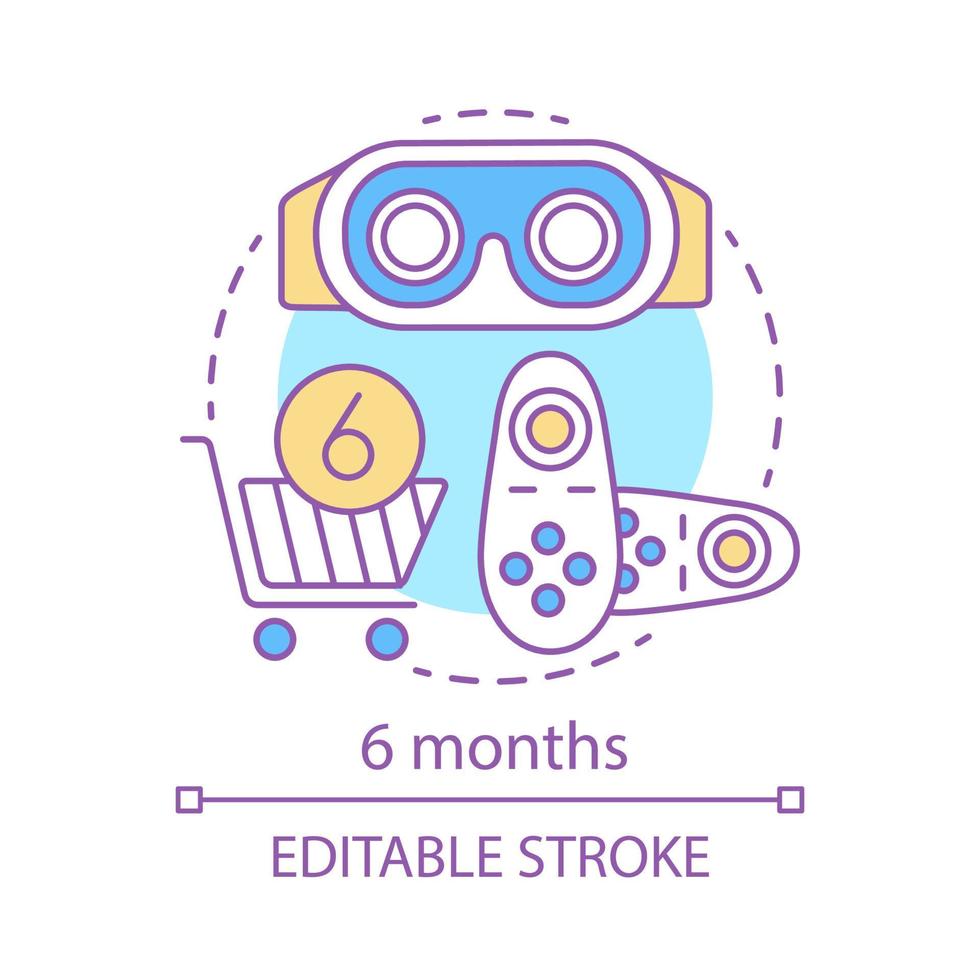 6 months concept icon. VR game subscription tariff idea thin line illustration. Virtual reality equipment. Service charge. Regular fee. Control lever. Vector isolated outline drawing. Editable stroke