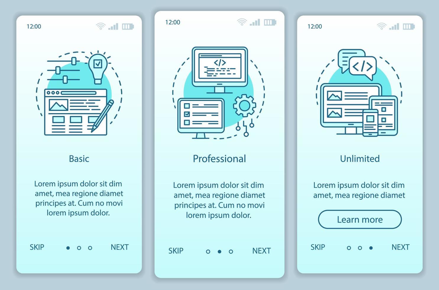 Website builder pricing onboarding mobile app page screen vector template. Basic, professional tariffs. Walkthrough website steps with linear illustrations. UX, UI, GUI smartphone interface concept