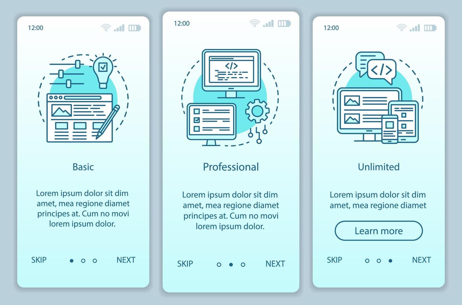 plantilla de vector de pantalla de página de aplicación móvil de incorporación de precios de creador de sitios web. Tarifas básicas, profesionales. paso a paso del sitio web con ilustraciones lineales. concepto de interfaz de teléfono inteligente ux, ui, gui