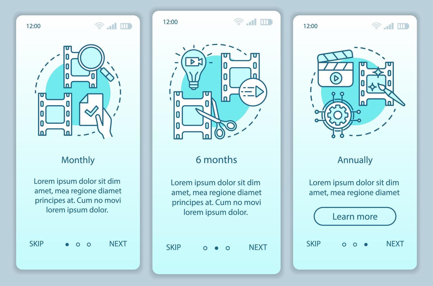 suscripción de editor de video incorporación de plantilla de vector de pantalla de página de aplicación móvil. tarifas mensuales o anuales. paso a paso del sitio web con ilustraciones lineales. concepto de interfaz de teléfono inteligente ux, ui, gui