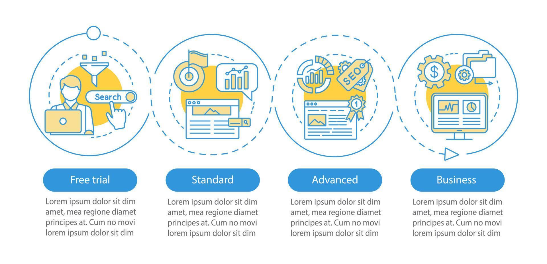 SEO keyword tool subscription vector infographic template. Standard tariff. Business presentation design elements. Data visualization, four step, option. Process timeline chart. Workflow layout, icons