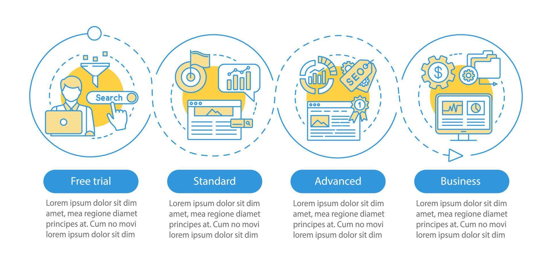 Plantilla de infografía de vector de suscripción de herramienta de palabra clave seo. tarifa estándar. elementos de diseño de presentación de negocios. visualización de datos, cuatro pasos, opción. gráfico de la línea de tiempo del proceso. diseño de flujo de trabajo, iconos