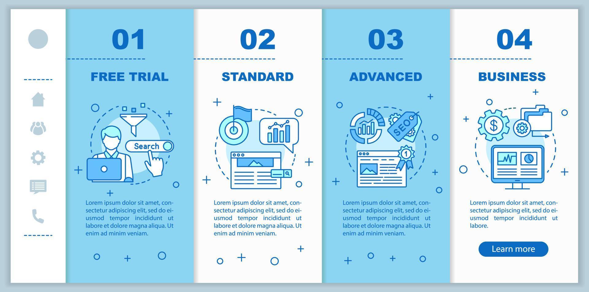SEO keyword tool subscription onboarding mobile web pages vector template. Responsive smartphone website interface idea with linear illustrations. Webpage walkthrough step screens. Color concept