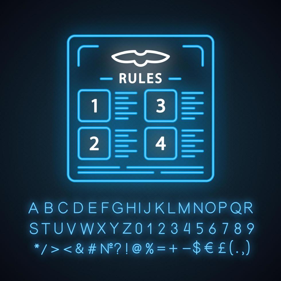 Flight rules neon light icon. Table with statute. Airplane adjustment. Plane security. Jet safety regulations. Glowing sign with alphabet, numbers and symbols. Vector isolated illustration