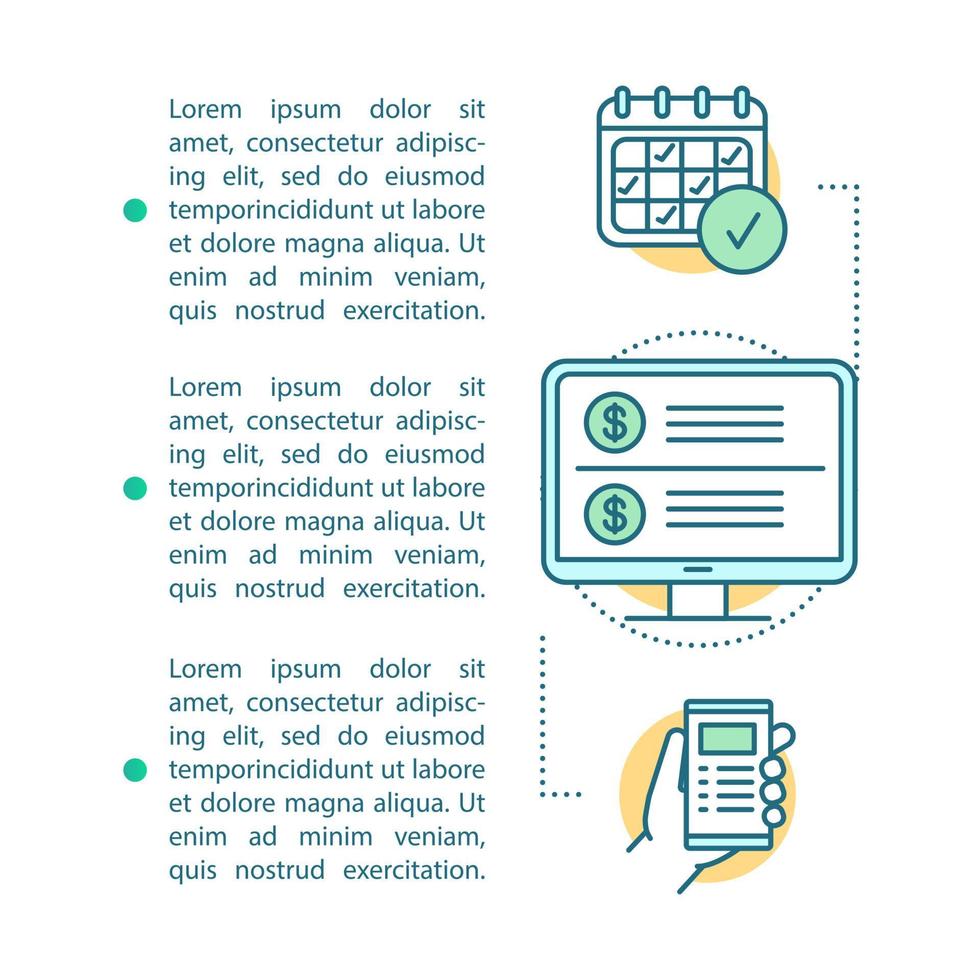 Subscription article page vector template. Newsletter messages. Website registration. Brochure, magazine, design element, linear icons, text boxes. Print design. Concept illustrations, text space